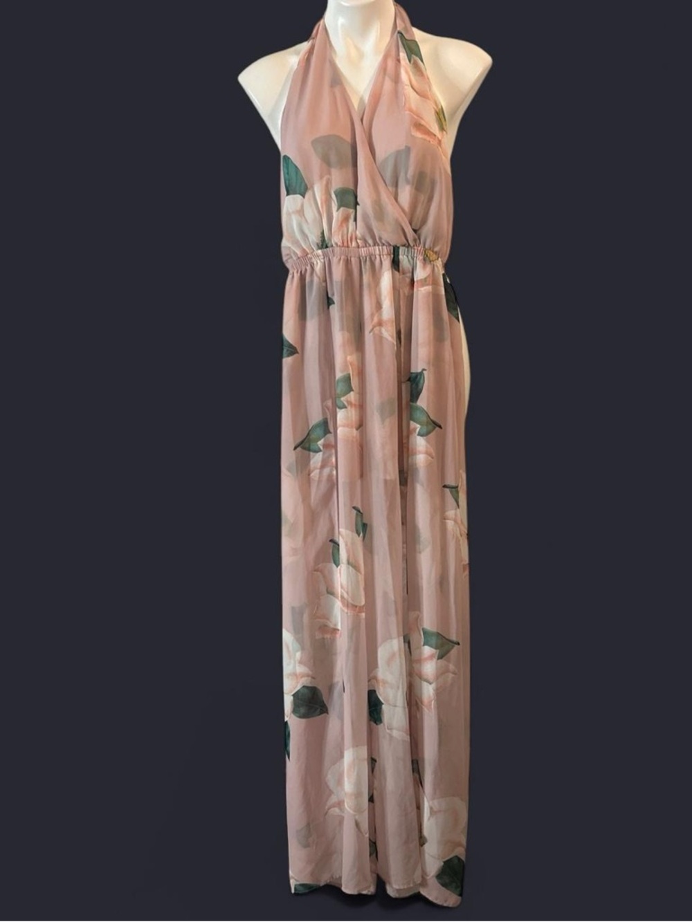 Show Me Your MuMu Blush Pink Floral Halter Maxi Jumpsuit Sz L garden party luxe